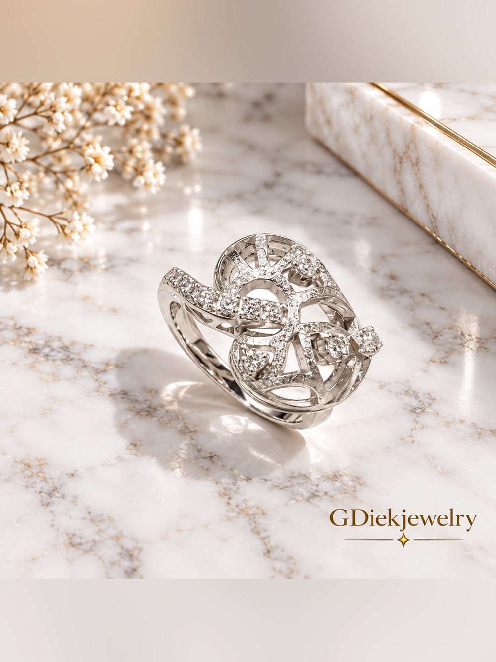 Sterling Silver 925 Filigree Heart Ring with Clear Stones Size 7